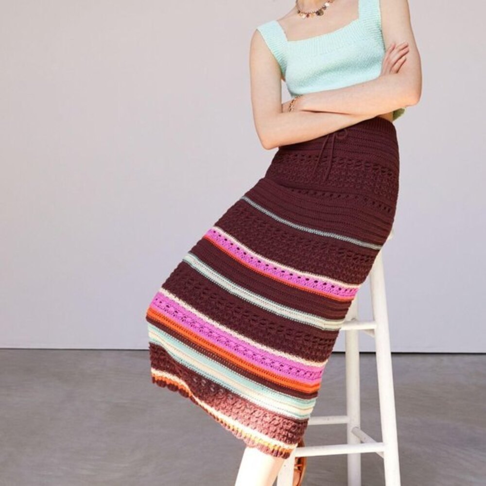 Anthropologie Maeve Striped Crochet Drawstring Waist Midi Skirt (NWT)